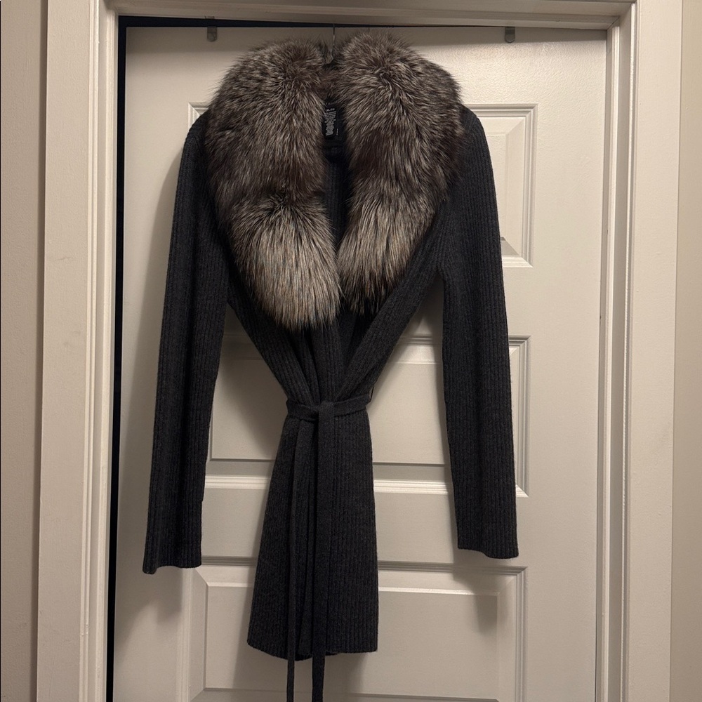 Holt Renfrew Black Ribbed Cashmere Knit Cardigan with Fox Fur Collar